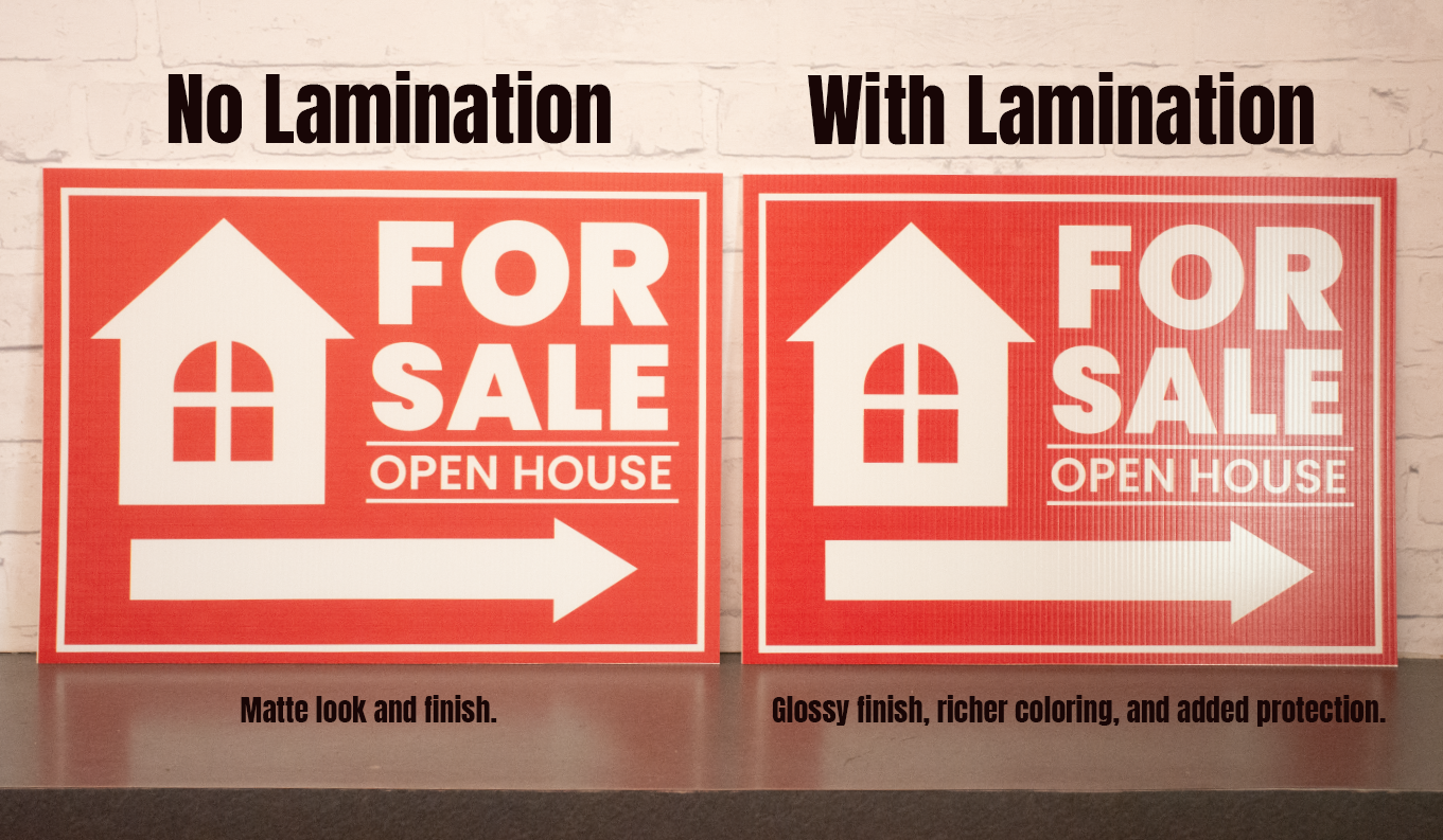Image of examples of flat signs with and without lamination 