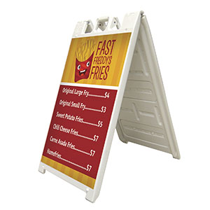 Fast Freddys Fries sidewalk sandwich sign